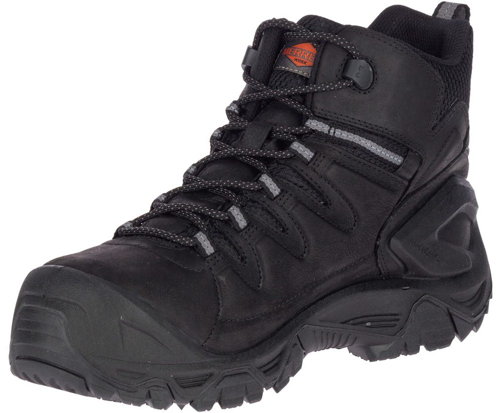 Merrell Work Boots Black - Strongfield Leather 6\" Waterproof Comp Toe Wide Width - Mens 53LIBYUCF